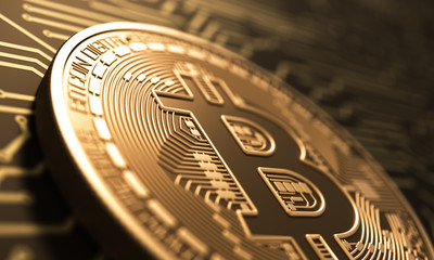 Virtual Coin Bitcoin On Background Of Printed Circuit Board