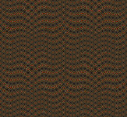 Abstract seamless pattern on dark khaki background. Has the shape of a wave. Consists of round geometric shapes. Useful as design element for texture and artistic compositions.