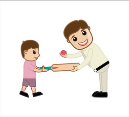 Man Presenting Cricket Bat and Ball to a Kid Boy