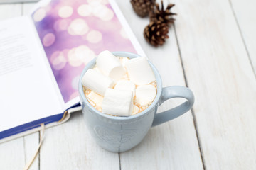 Fototapeta na wymiar A cup of hot chocolate with marshmallows and a book reading on Christmas Eve
