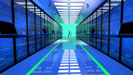 Terminal monitor in server room with server racks in datacenter  - obrazy, fototapety, plakaty