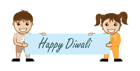 Happy Kids Showing Happy Diwali Banner