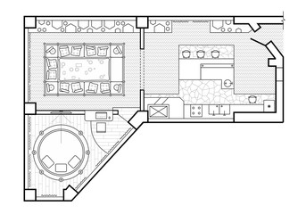 The interior design terrace. The cottage is a covered veranda. Drawing with the placement of furniture. Floor plan top view Layout of the apartment with the furniture