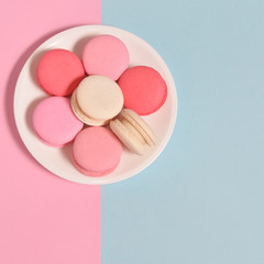 French colourful macarons in white ceramic cup on pink and blue pastel background. Romantic concept  in square size. Square ratio,1:1. Sweet dessert for tea time. Valentines's Day Concept