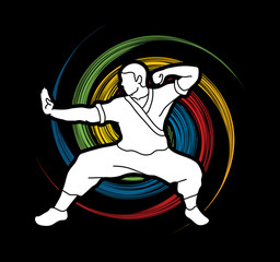 Kung fu action ready to fight designed on spin wheel background graphic vector.
