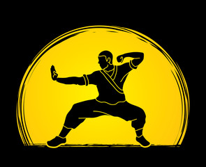 Fototapeta na wymiar Kung fu action ready to fight designed on sunset background graphic vector.