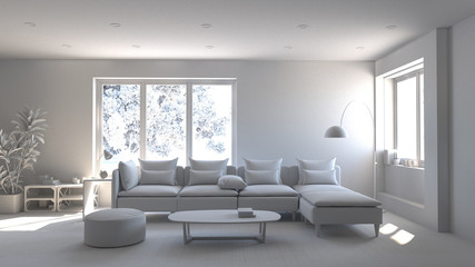 Beautiful living room interior with sofa set 3D illustration White room with sofa.