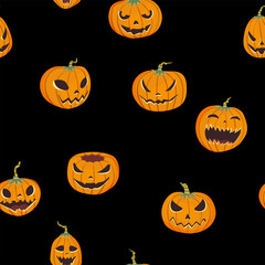 Seamless halloween pattern with carved pumpkinst. Jack-o-lantern. Vector illustration, isolated on black background. Fabric print design.