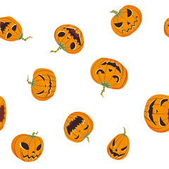 Seamless halloween pattern with carved pumpkinst. Jack-o-lantern. Vector illustration, isolated on white background. Fabric print design.