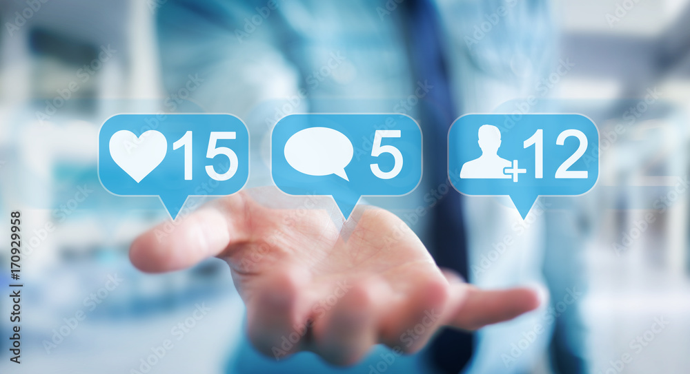 Poster businessman using digital colorful social media icons 3d rendering