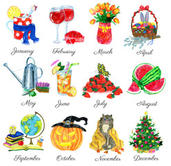 Fototapeta premium Collection with conceptual watercolor symbols of 12 months isolated on white.