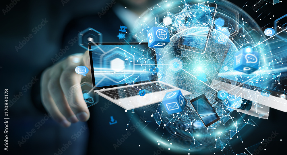Aufkleber tech devices connected to each other by businessman 3d rendering