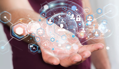 Businessman using social network interface 3D rendering