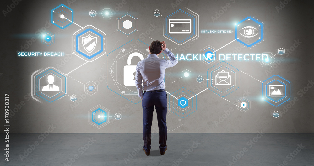 Aufkleber businessman using antivirus interface on a wall 3d rendering