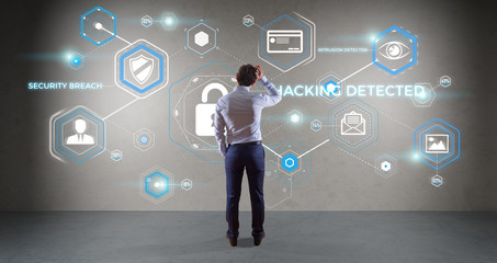 Businessman using antivirus interface on a wall 3D rendering