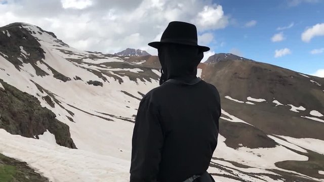Tourist on Mount Aragats Armenia In slow motion