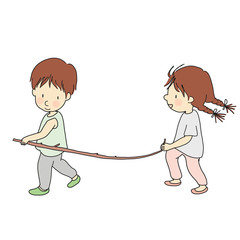 Vector illustration of little kid playing stick together with friend. Card and postcard. Cartoon character drawing style. Isolated on white background.