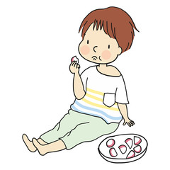 Vector illusion of little kid sitting on floor and eating food, fish ball in japanese style. Cartoon character drawing style. Isolated on white background.