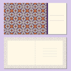 Obraz premium Set of four page greeting cards, invitation, brochures layout with outside and inside spread with geometric pattern