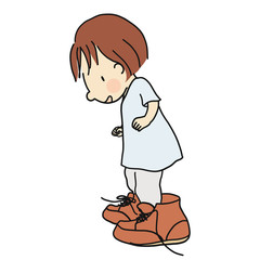 Vector illustration of little kid wearing daddy's big brown leather shoes. Cartoon character drawing style. Isolated on white background.