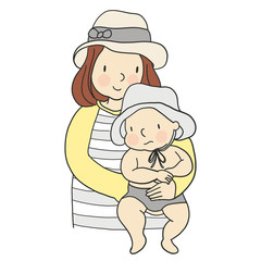 Vector illustration of mom carrying baby in her arms. Family concept - mother and kid. Cartoon character drawing style. Isolated on white background.