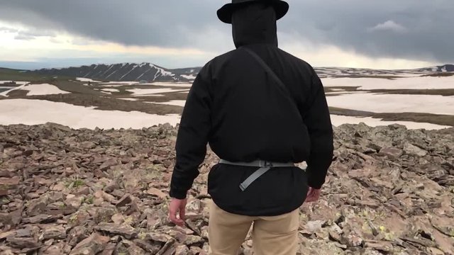 Tourist on Mount Aragats Armenia In slow motion