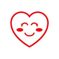 Icono plano corazon con cara kawaii sonriendo rojo en fondo blanco