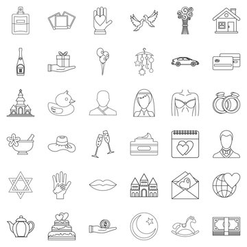 Bride icons set, outline style