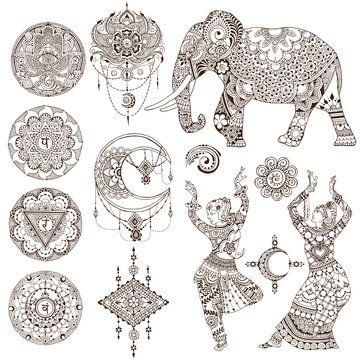 Dancers, elephant, mandalas, chakras, hamsa painted in the mehendi style. Set of elements on white background.