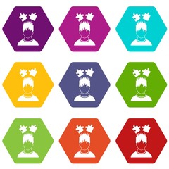 Man with puzzles over head icon set color hexahedron