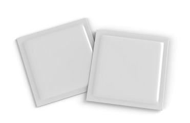 Blank Square Pouch Sachet Mock-Up For Shampoo, Wet Napkin, Sugar, Condom, Coffee, Medicine Powder, Candy. Mock Template On Isolated White Background, 3D Illustration