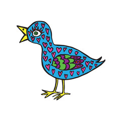 Blue bird with heart shape, hand drawn doodle, sketch in naïve, pop art style, color vector illustration