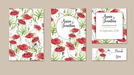 Watercolor hand drawn wedding invitations set with wild red poppy flowers on white background. Vibrant floral design for wedding invitation, save the date and thank you cards. With place for text