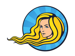 Vector illustration. Beautiful woman with long blond hairs that fluttering on the wind in pop art style. Face of young pretty girl with curly hairs. Fashion and hairstyle. Isolated on white background