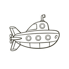 Vector illustration. Hand drawn doodle of submarine with periscope and portholes. Cartoon sketch. Isolated on white background