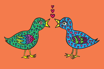 Birds couple in love with heart shape feathers, hand drawn doodle, sketch in naïve, pop art style, color vector illustration, card design on orange background