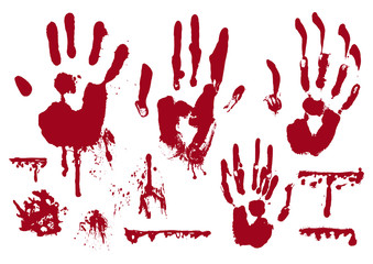 Fototapeta premium Blood realistic marks of hand, dripping drops, splatters, spray, stains, smears set.