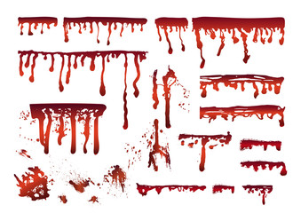 Blood realistic dripping drops, splatters, spray, stains, smears set. Vector illustration