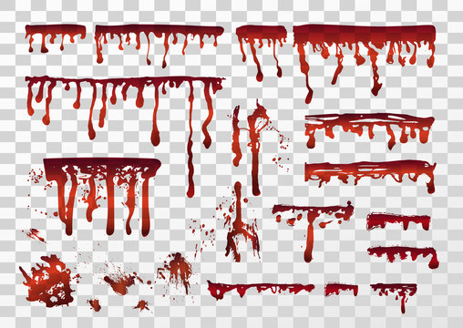 Blood realistic dripping drops, splatters, spray, stains, smears set. Vector illustration