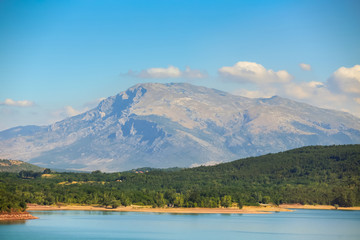 Landscape of the lake Peruca with mountains in the background in Dalmatia, Croatia.