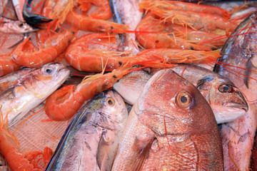 Red Mullet and Prawn on The Fishmarket in Catania. Sicily. Italy