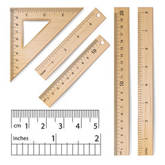 School Rulers Vector. Realistic Classic Wooden Metric Imperial Ruler. Centimeter And Inch. Measure Tools Equipment Isolated On White Illustration