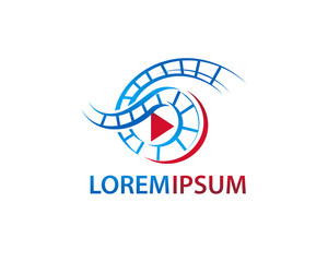 elegant production logo, videotape film with play sign, icon design, isolated on white background. 