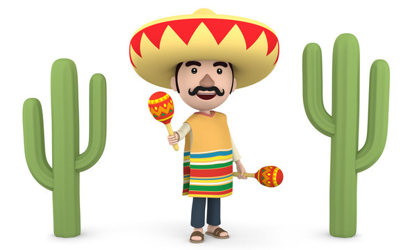 Mexican man with maracas, 3D illustration_03