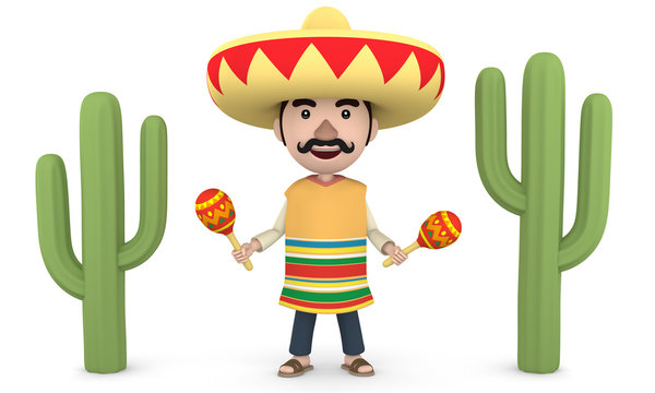 Mexican man with maracas, 3D illustration_02