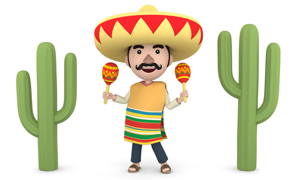 Mexican man with maracas, 3D illustration_01