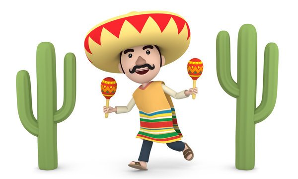 Mexican man with maracas, 3D illustration _05
