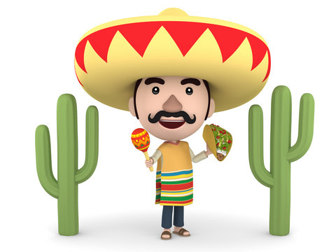 Mexican man with maracas and tacos, 3D illustration