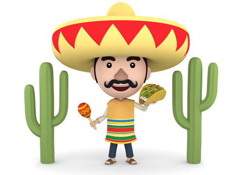 Mexican man with maracas and tacos, 3D illustration