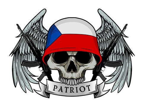 Military skull or patriot skull with CZECH REPUBLIC flag Helmet and Wings Background and ak47 Gun
